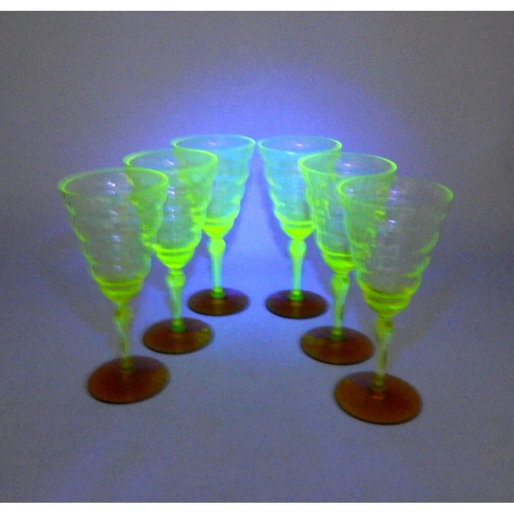 Utility Glass Works Cambodia Ware Wine Water Goblet Vaseline Amber Foot S/6
